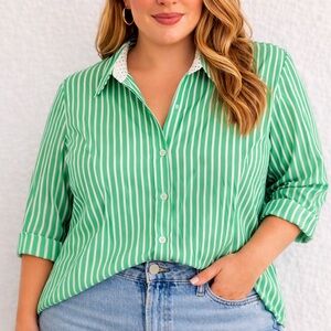 CJ Banks Kelly Green Stripe Button Up Shirt Contrast Cuffs Plus Size 3X